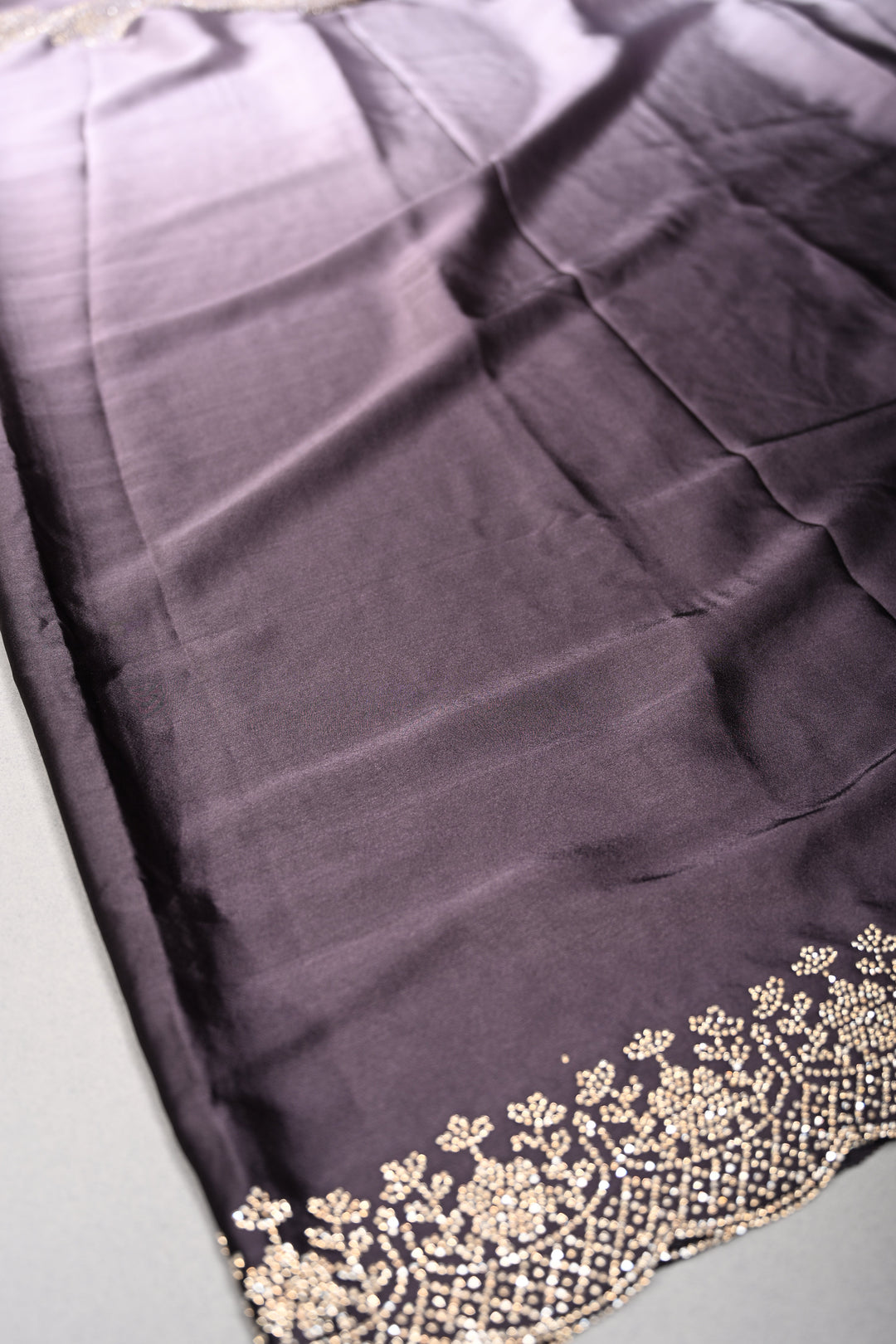 Black-Grey Ombre Satin Georgette Saree with Tone on Tone Powder Stones Work and Scallop Border | SHOBITAM