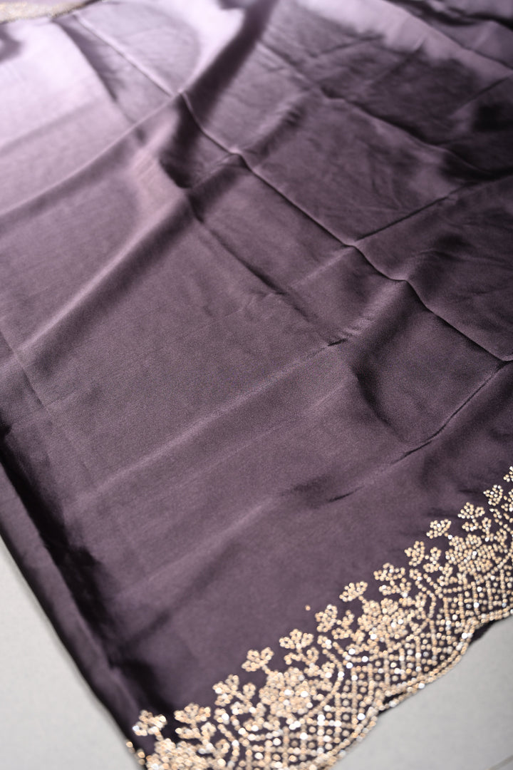 Black-Grey Ombre Satin Georgette Saree with Tone on Tone Powder Stones Work and Scallop Border | SHOBITAM