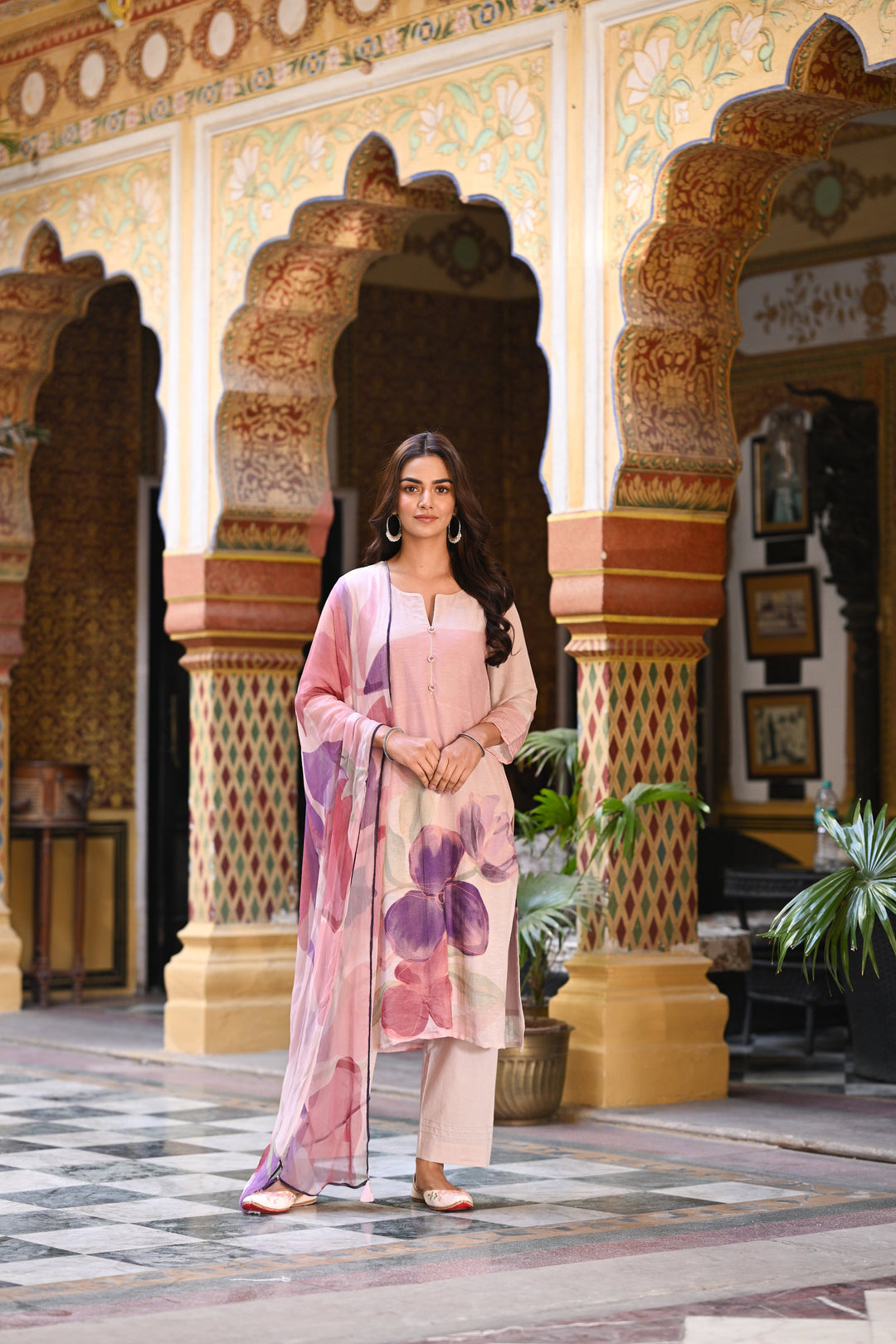 Purple Linen Sooraj Suit Set with Chiffon Dupatta and Tassels -SET OF-3 | SHOBITAM