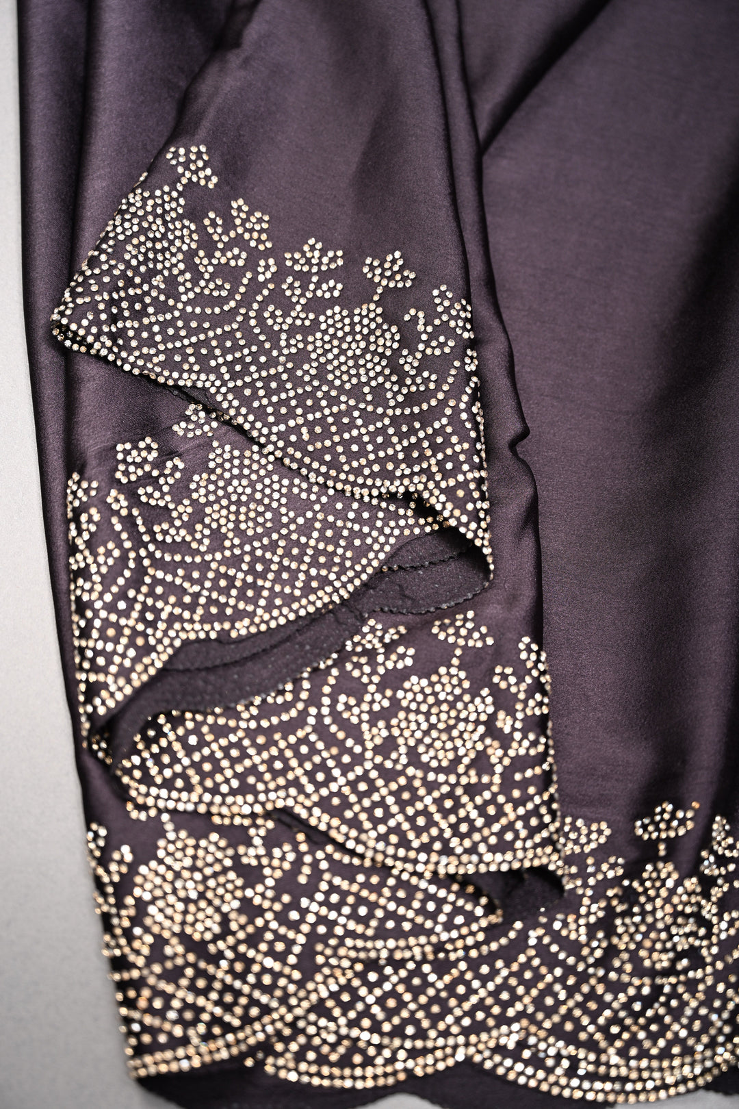 Black-Grey Ombre Satin Georgette Saree with Tone on Tone Powder Stones Work and Scallop Border | SHOBITAM