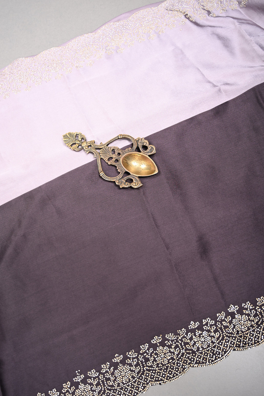 Black-Grey Ombre Satin Georgette Saree with Tone on Tone Powder Stones Work and Scallop Border | SHOBITAM