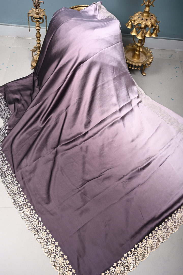 Black-Grey Ombre Satin Georgette Saree with Tone on Tone Powder Stones Work and Scallop Border | SHOBITAM