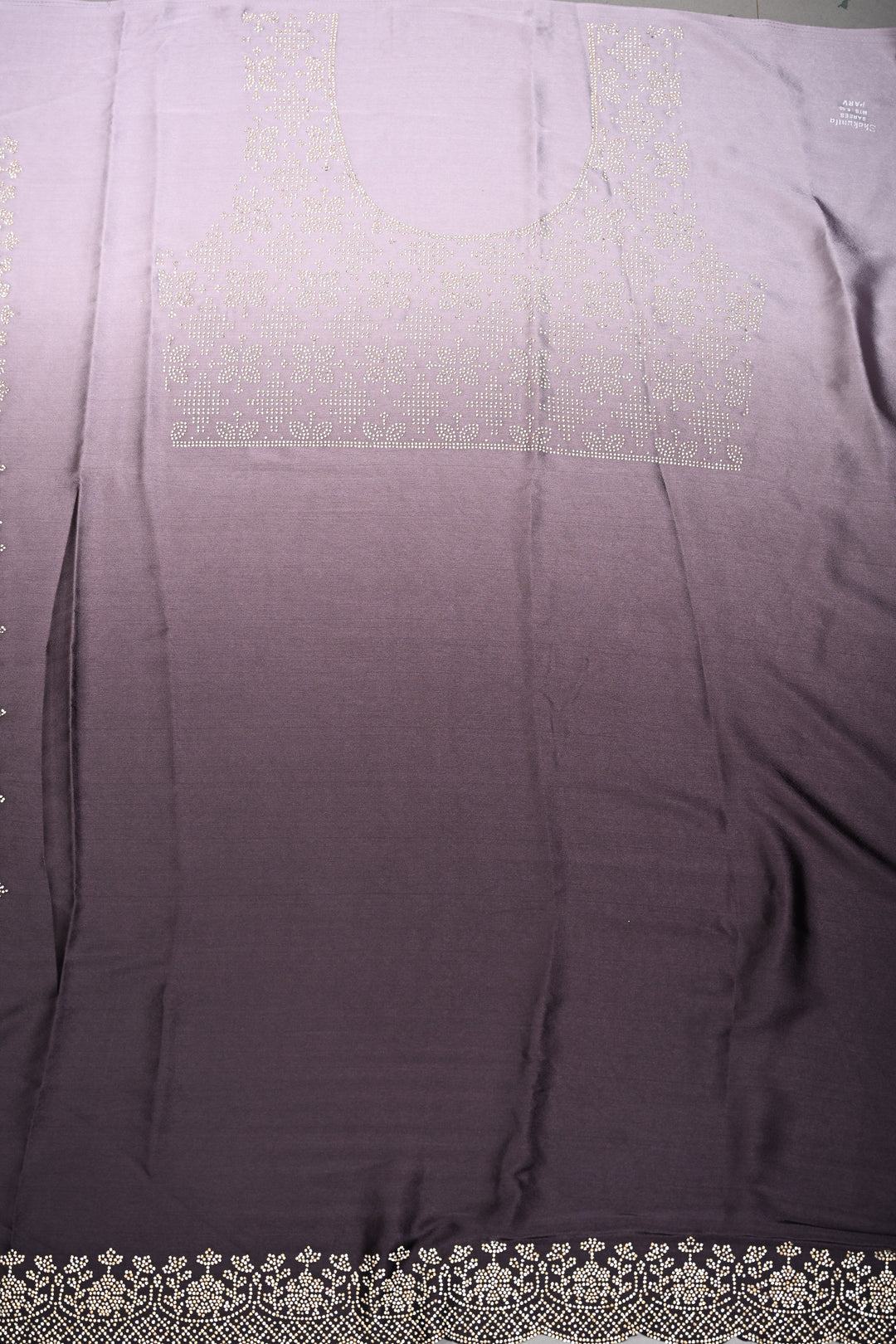 Black-Grey Ombre Satin Georgette Saree with Tone on Tone Powder Stones Work and Scallop Border | SHOBITAM