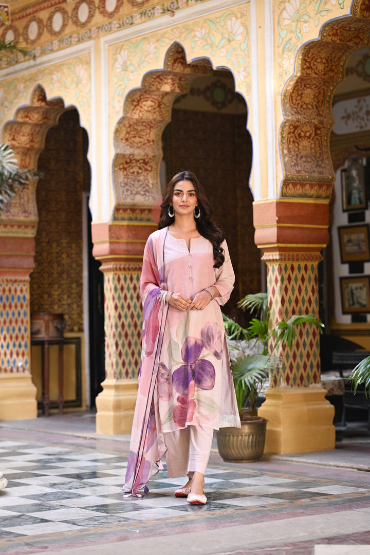 Purple Linen Sooraj Suit Set with Chiffon Dupatta and Tassels -SET OF-3 | SHOBITAM