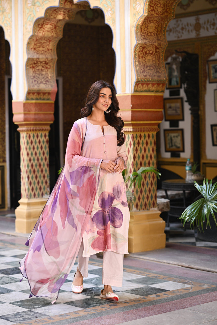 Purple Linen Sooraj Suit Set with Chiffon Dupatta and Tassels -SET OF-3 | SHOBITAM