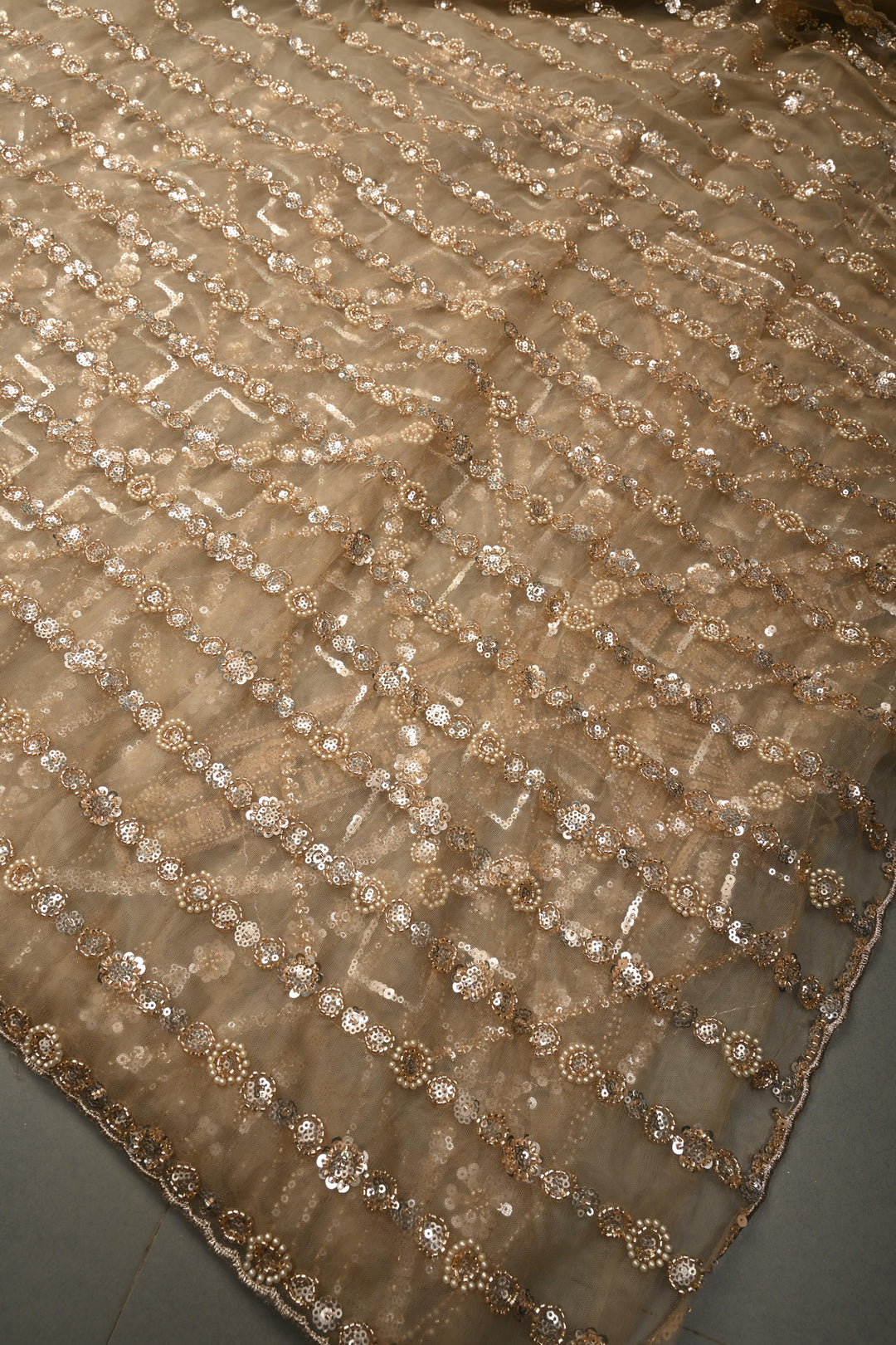 Champagne Stripes Design Sequins, Cutdana, Moti Embellishment on Net Saree with Scallop Border