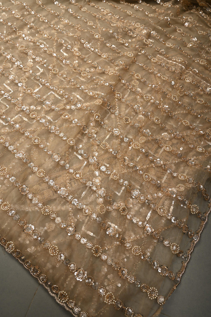 Champagne Stripes Design Sequins, Cutdana, Moti Embellishment on Net Saree with Scallop Border