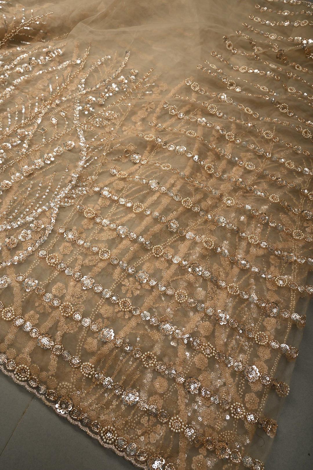 Champagne Stripes Design Sequins, Cutdana, Moti Embellishment on Net Saree with Scallop Border
