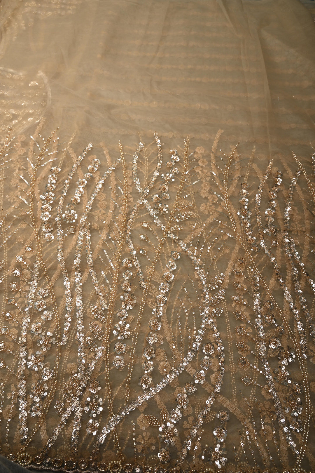 Champagne Stripes Design Sequins, Cutdana, Moti Embellishment on Net Saree with Scallop Border