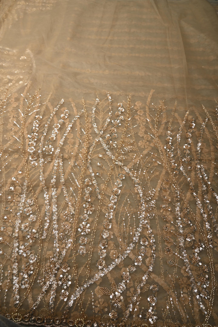 Champagne Stripes Design Sequins, Cutdana, Moti Embellishment on Net Saree with Scallop Border