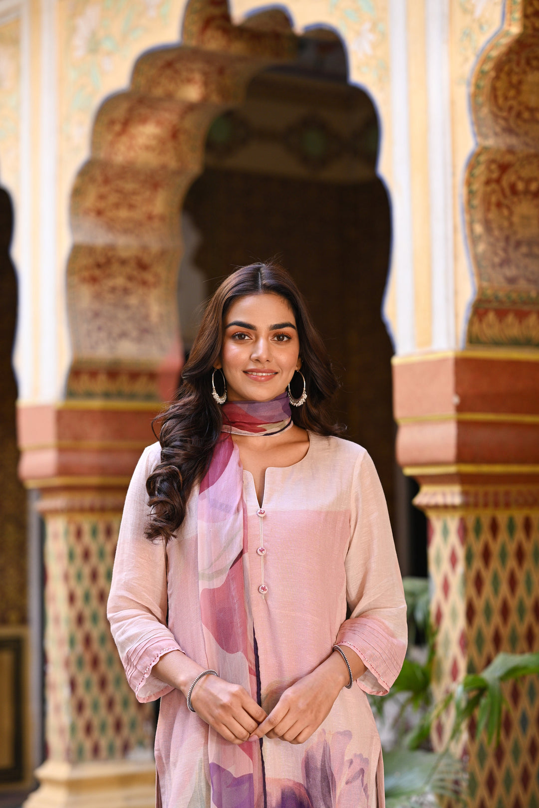 Purple Linen Sooraj Suit Set with Chiffon Dupatta and Tassels -SET OF-3 | SHOBITAM