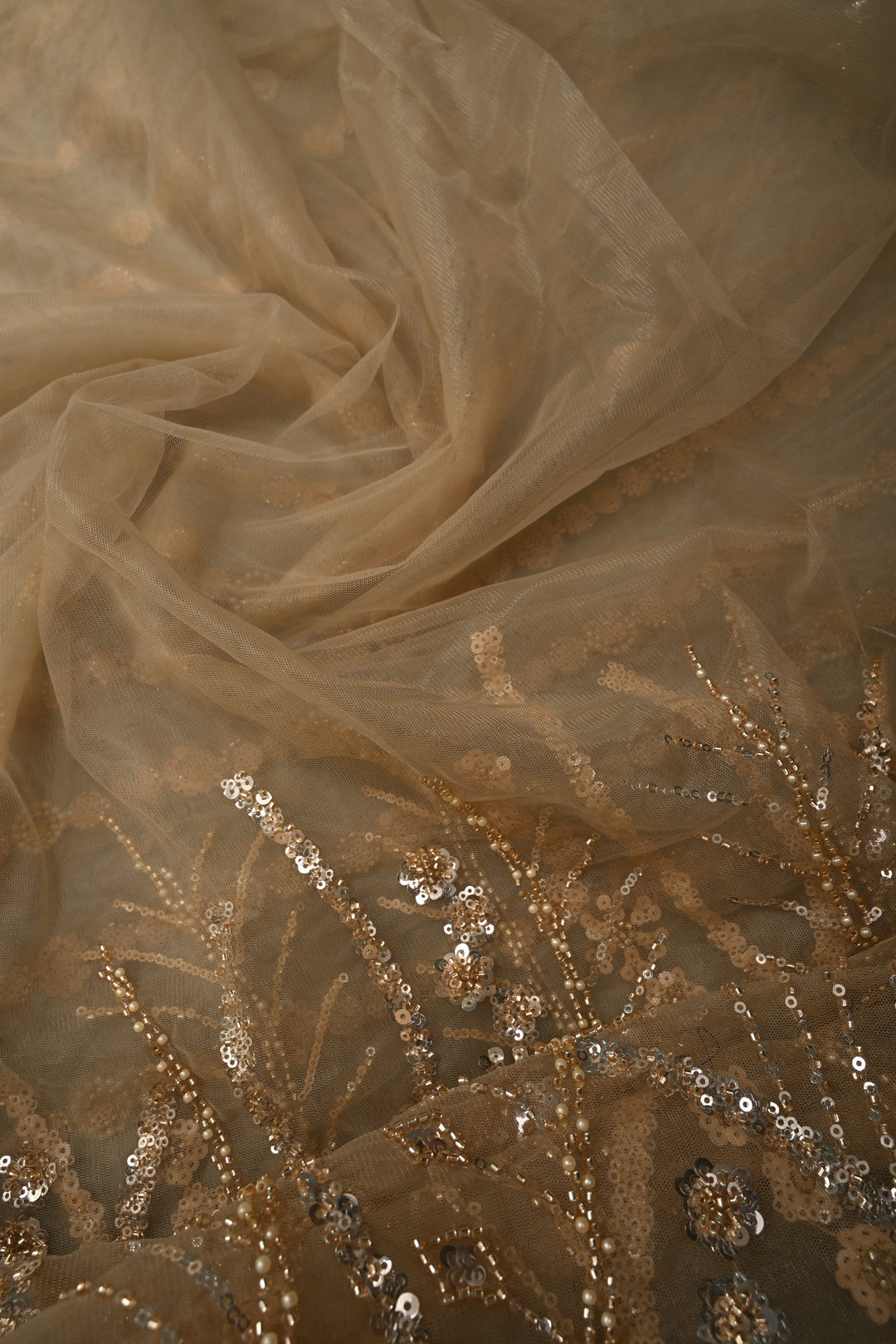 Champagne Stripes Design Sequins, Cutdana, Moti Embellishment on Net Saree with Scallop Border