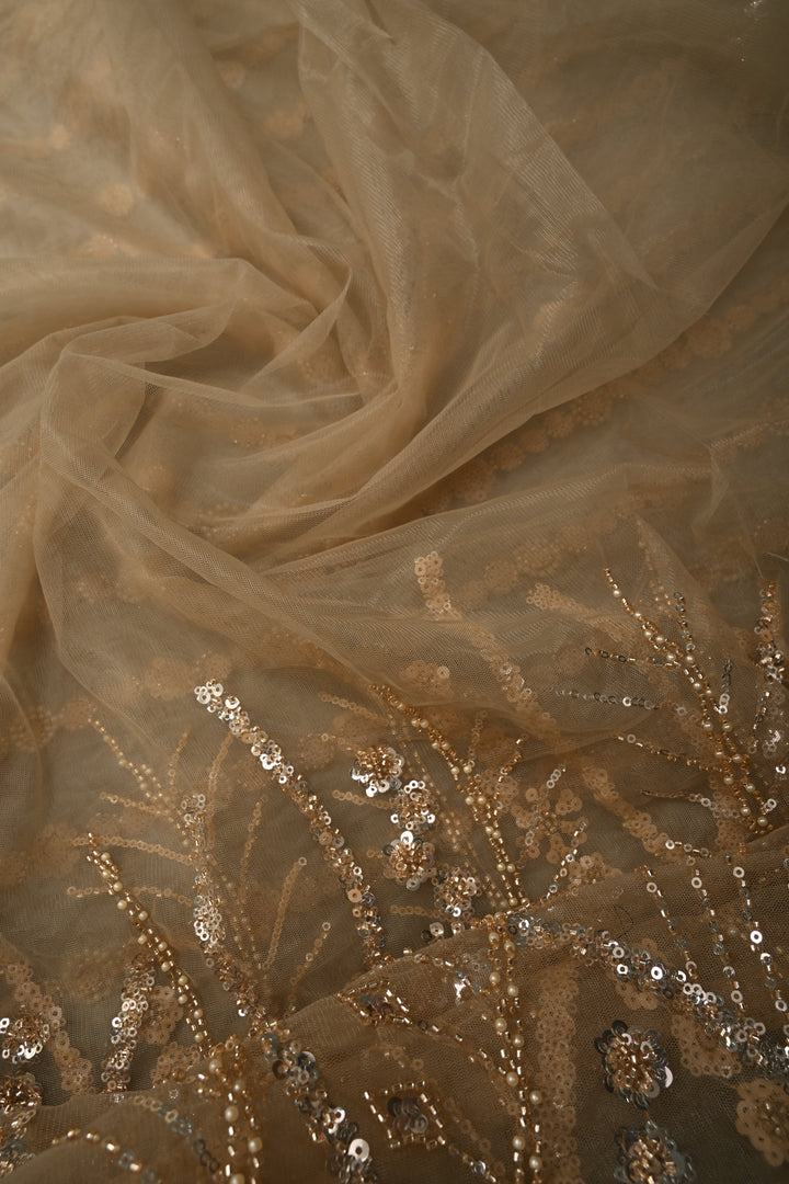 Champagne Stripes Design Sequins, Cutdana, Moti Embellishment on Net Saree with Scallop Border