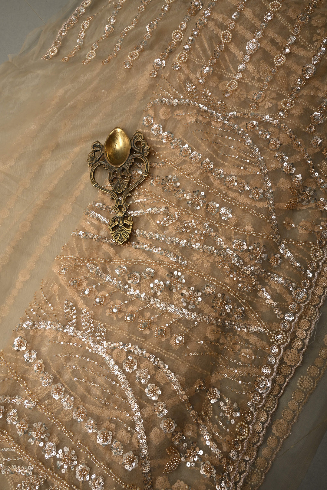 Champagne Stripes Design Sequins, Cutdana, Moti Embellishment on Net Saree with Scallop Border
