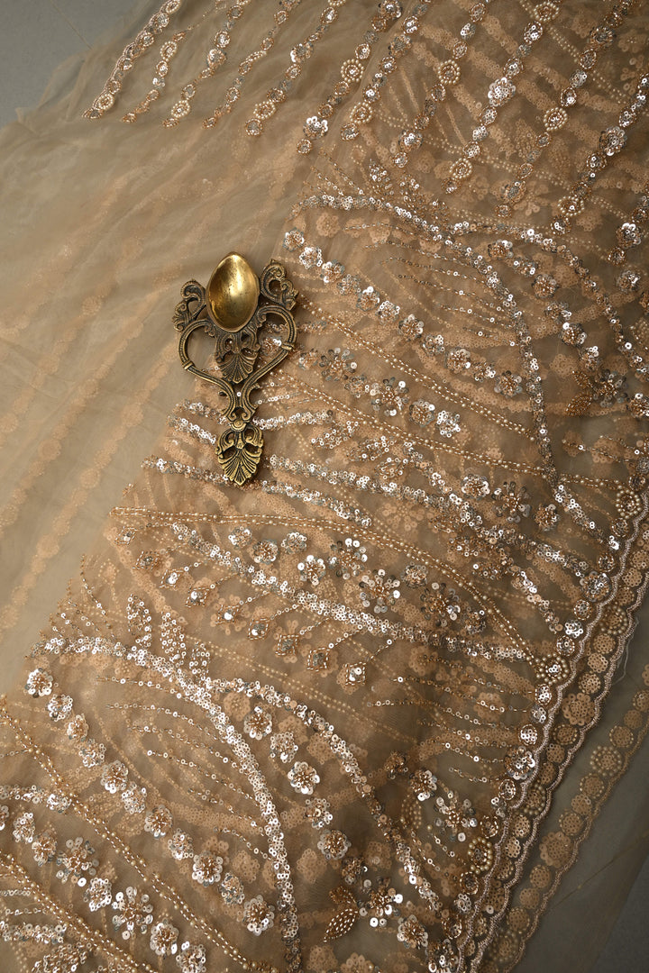 Champagne Stripes Design Sequins, Cutdana, Moti Embellishment on Net Saree with Scallop Border