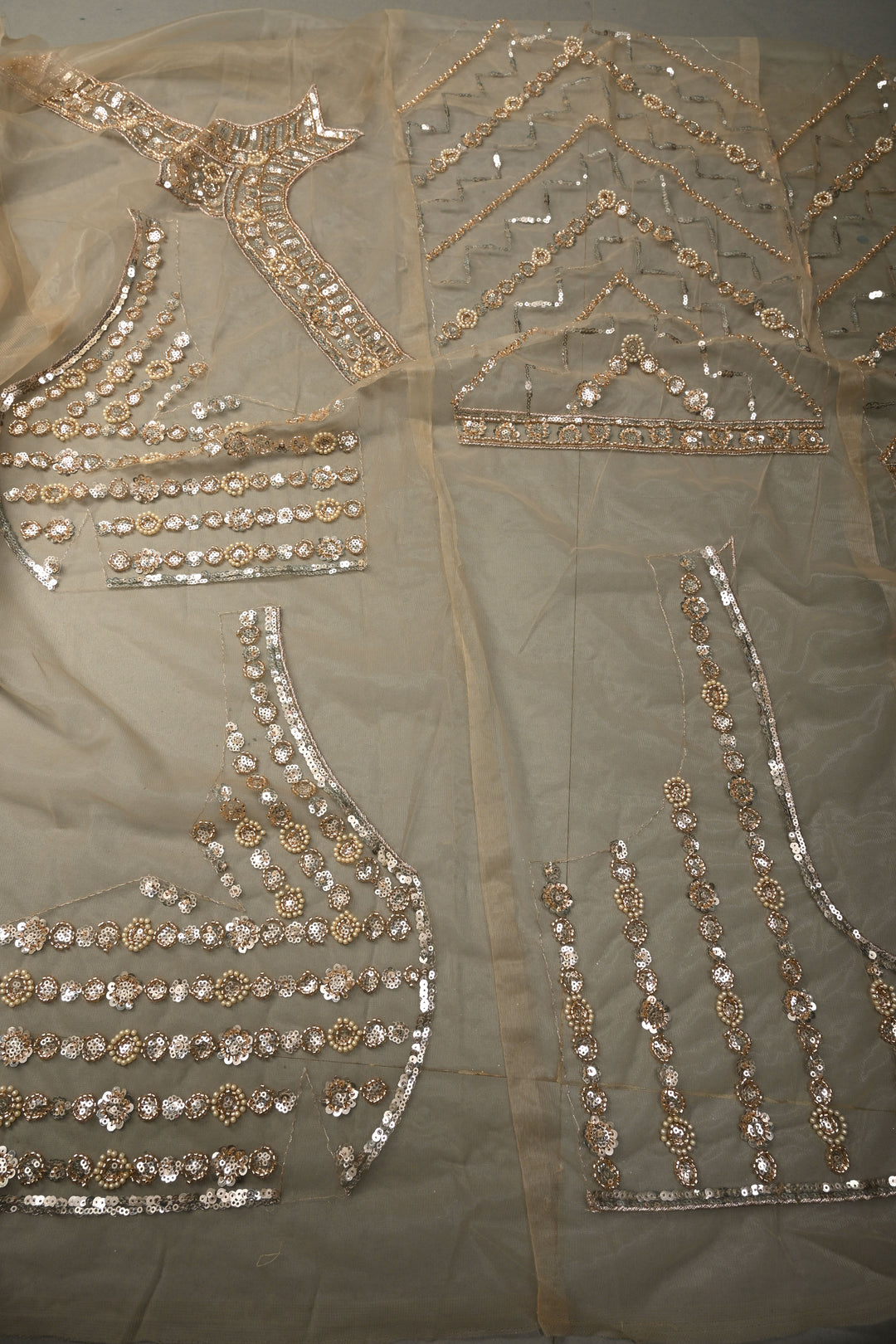 Champagne Stripes Design Sequins, Cutdana, Moti Embellishment on Net Saree with Scallop Border