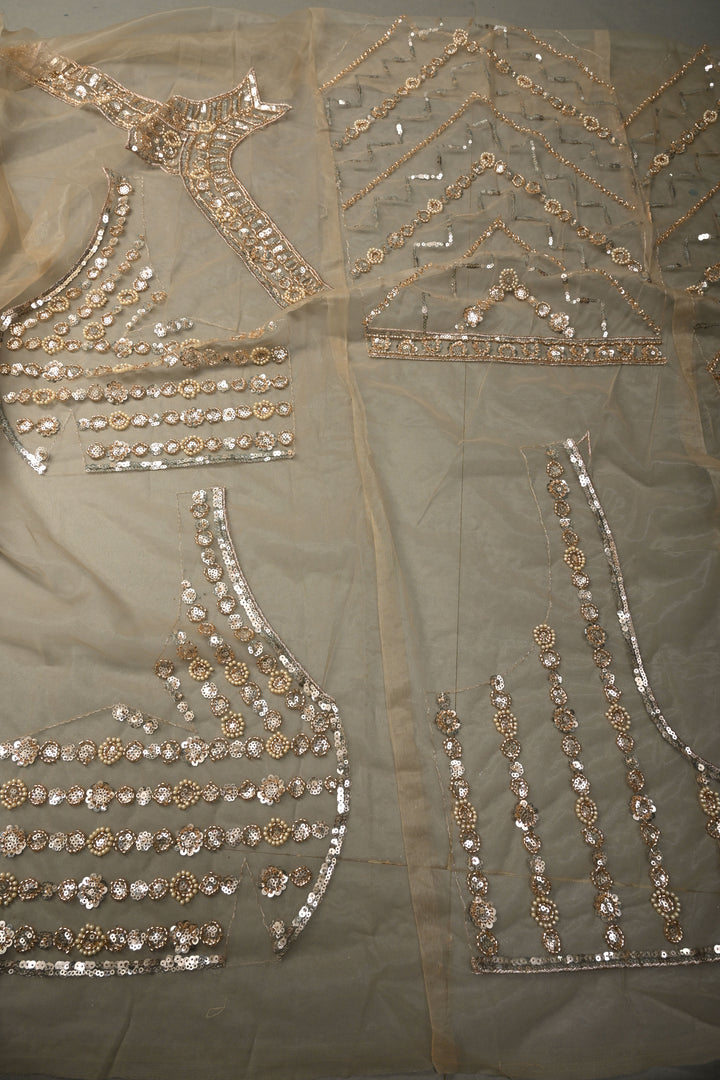 Champagne Stripes Design Sequins, Cutdana, Moti Embellishment on Net Saree with Scallop Border