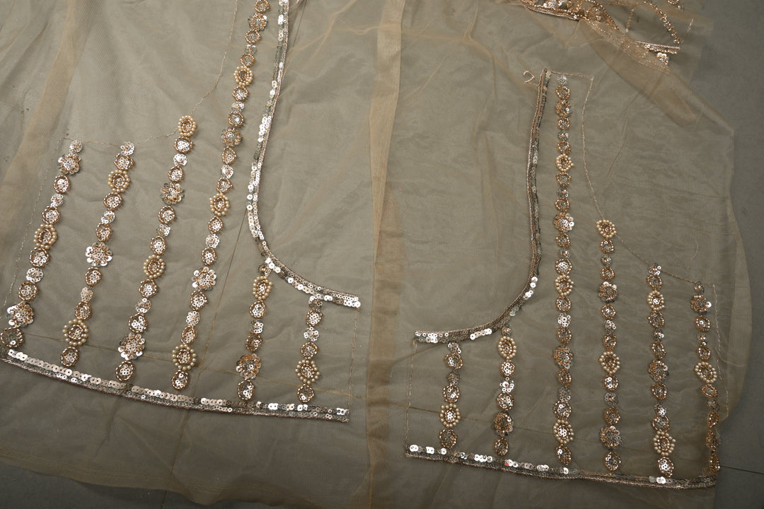 Champagne Stripes Design Sequins, Cutdana, Moti Embellishment on Net Saree with Scallop Border