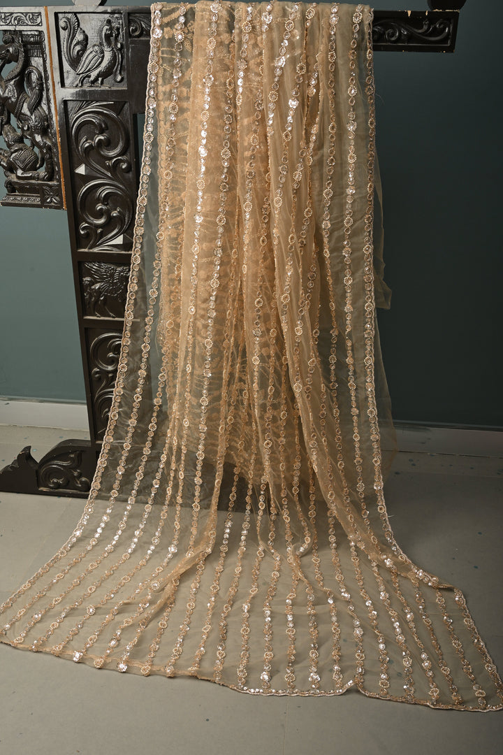 Champagne Stripes Design Sequins, Cutdana, Moti Embellishment on Net Saree with Scallop Border