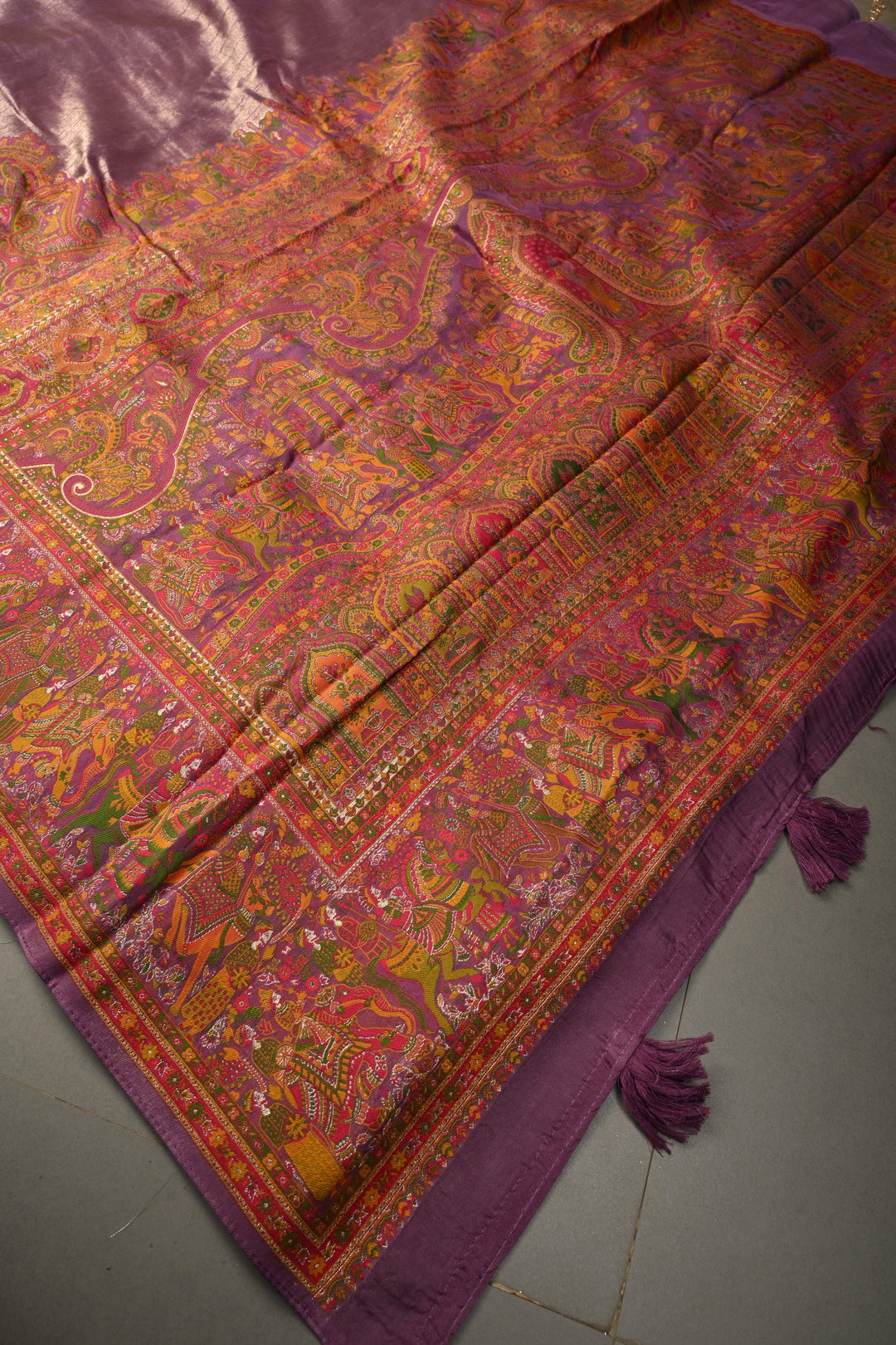 Lavender Viscose Tissue Saree with Procession Meenakari Border and Pallu | SHOBITAM