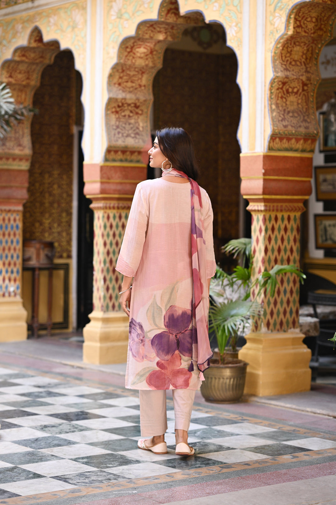 Purple Linen Sooraj Suit Set with Chiffon Dupatta and Tassels -SET OF-3 | SHOBITAM