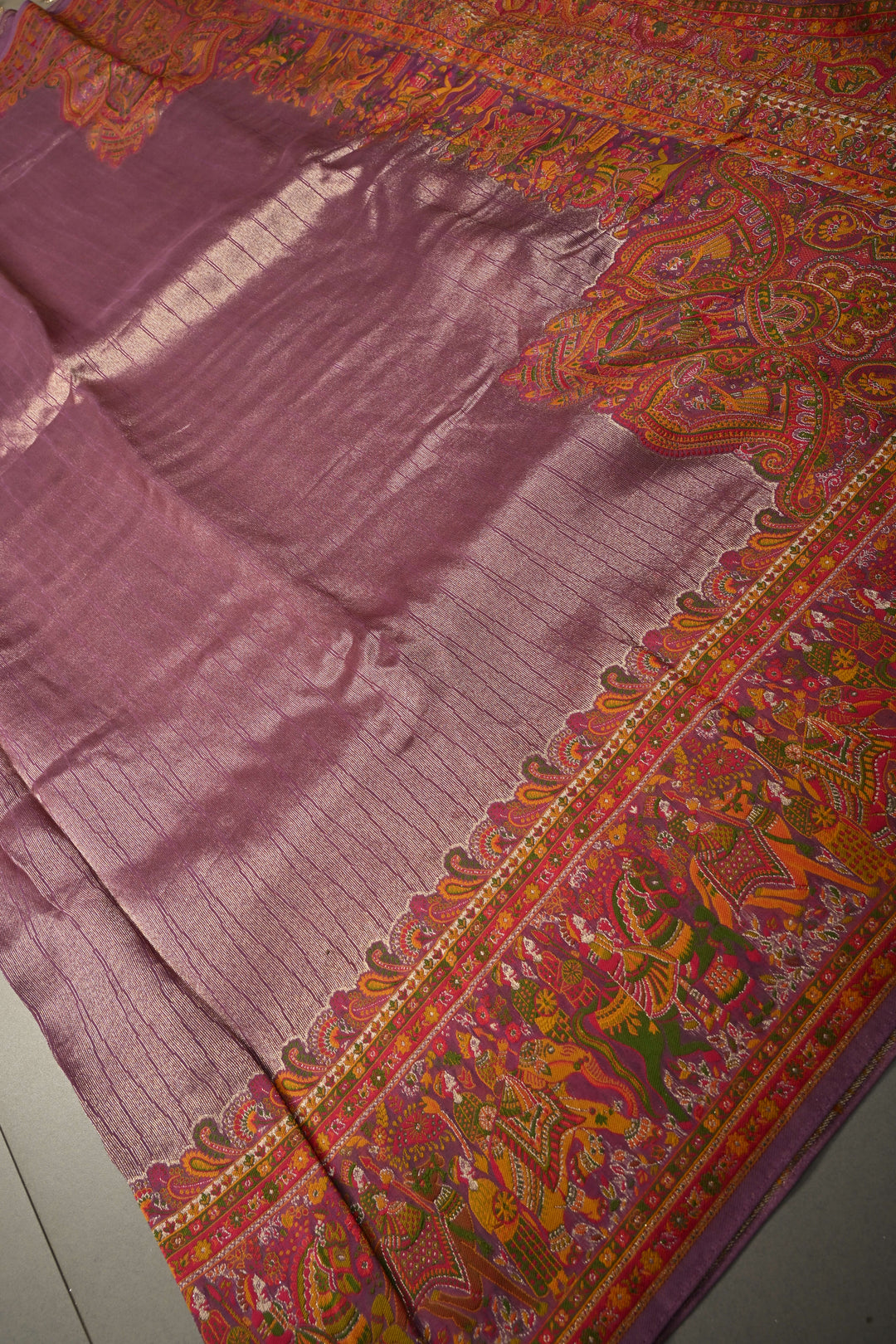 Lavender Viscose Tissue Saree with Procession Meenakari Border and Pallu | SHOBITAM