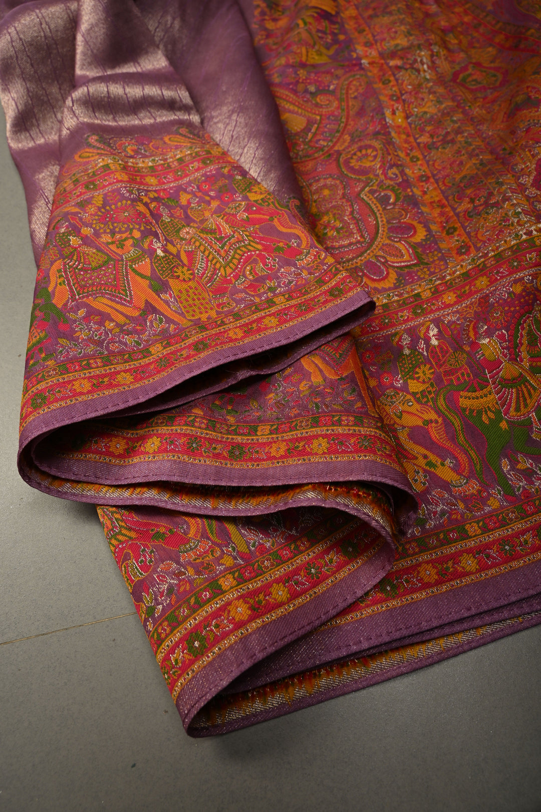 Lavender Viscose Tissue Saree with Procession Meenakari Border and Pallu | SHOBITAM