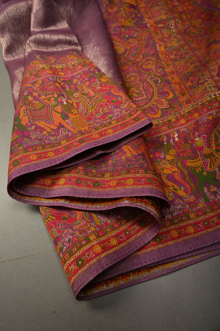 Lavender Viscose Tissue Saree with Procession Meenakari Border and Pallu | SHOBITAM