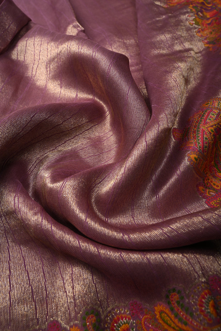 Lavender Viscose Tissue Saree with Procession Meenakari Border and Pallu | SHOBITAM