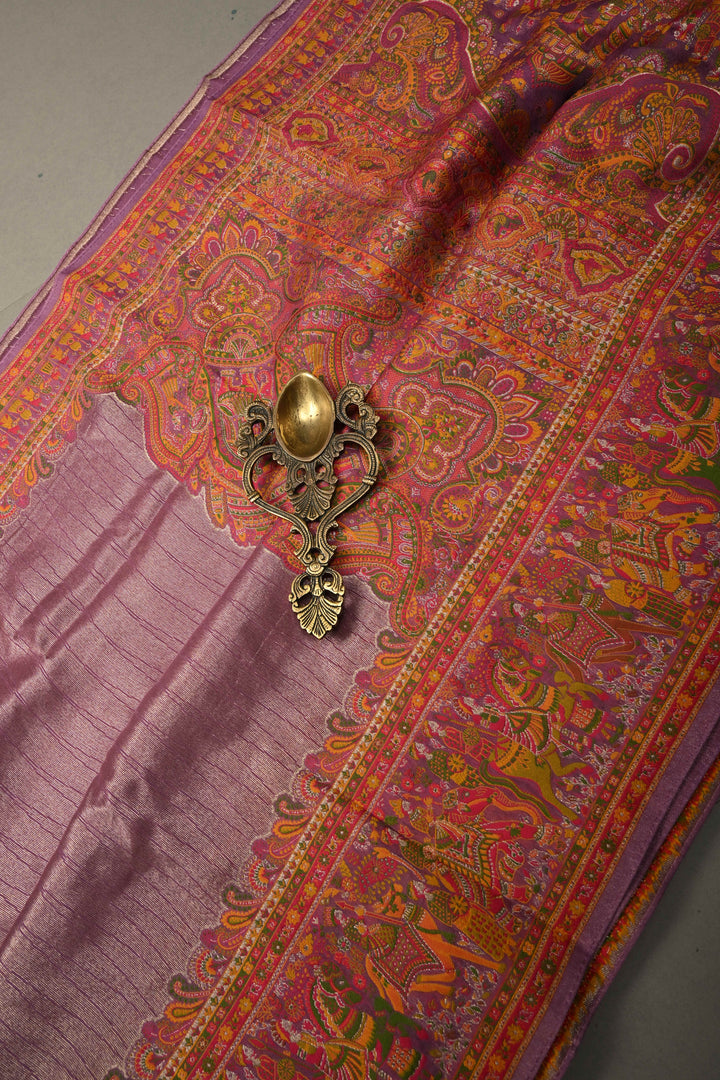 Lavender Viscose Tissue Saree with Procession Meenakari Border and Pallu | SHOBITAM