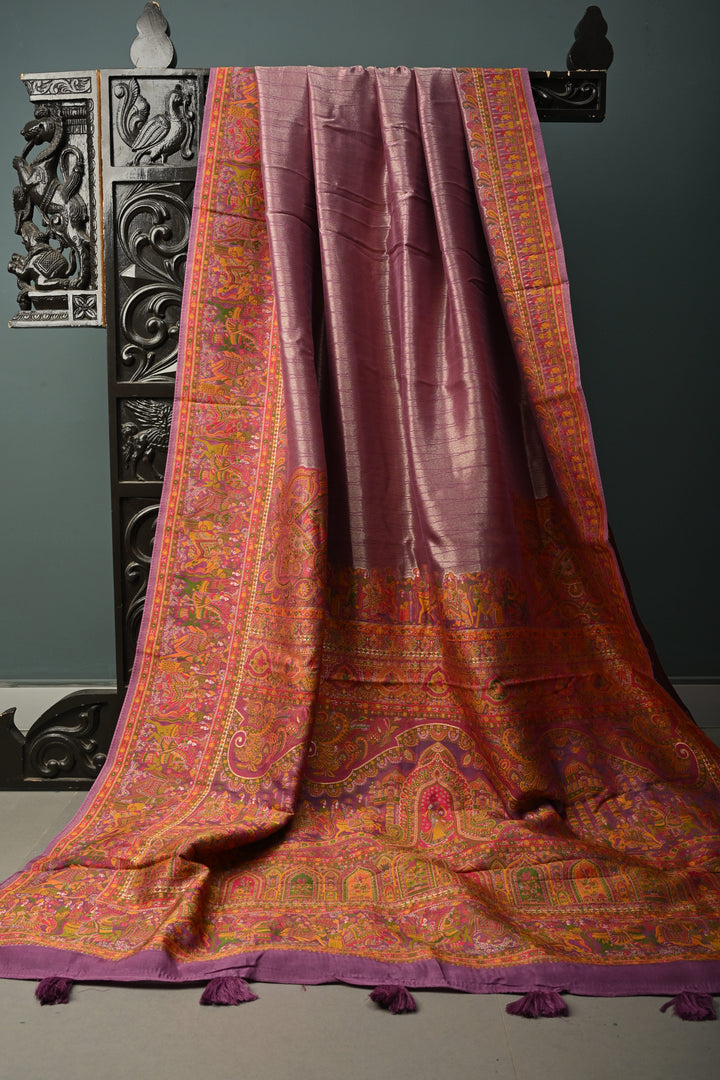 Lavender Viscose Tissue Saree with Procession Meenakari Border and Pallu | SHOBITAM