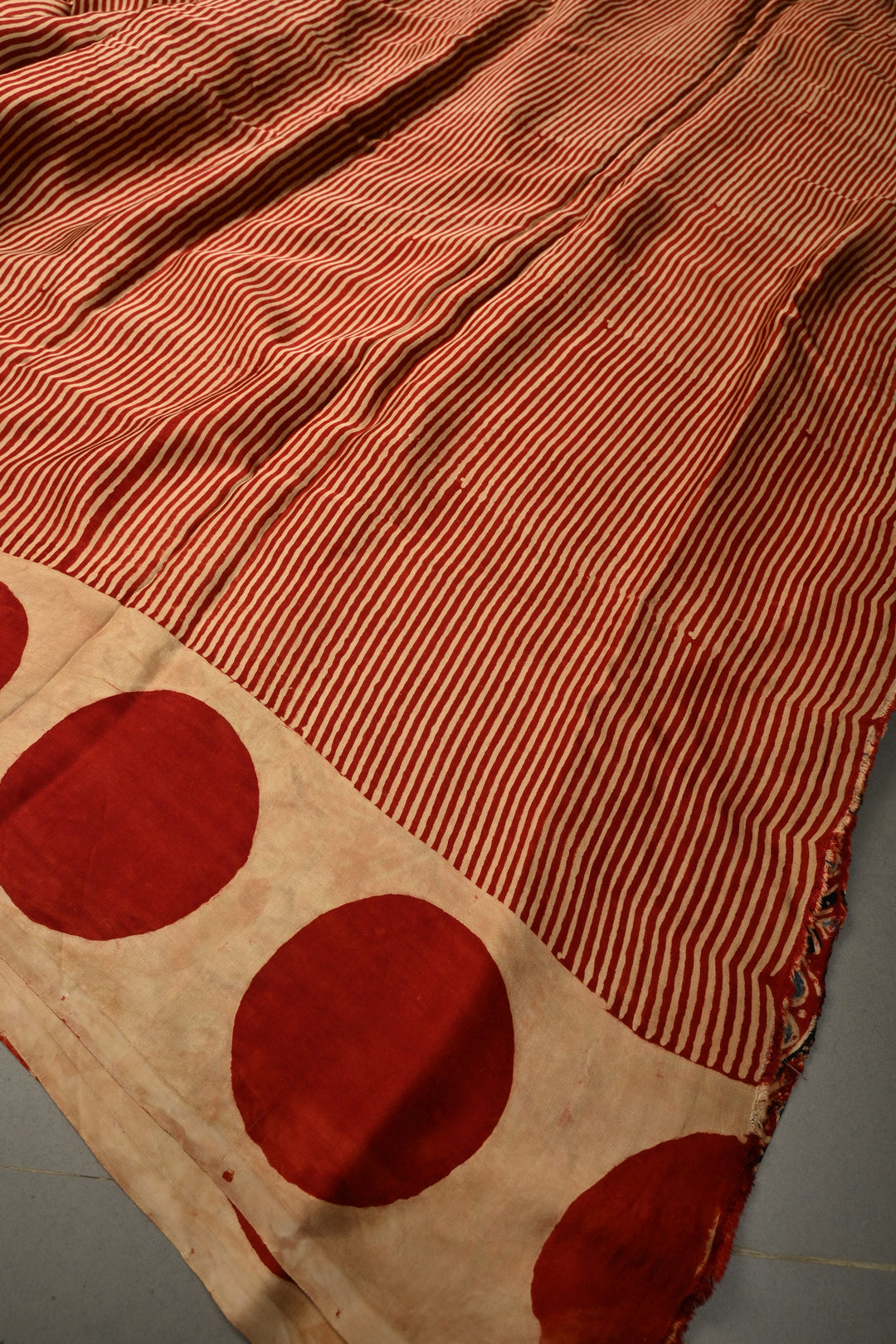 Red-Beige Modal Silk Saree with Stripes Hand Block Print and Polka Dots Border