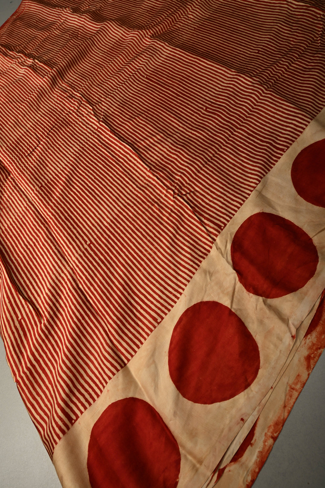 Red-Beige Modal Silk Saree with Stripes Hand Block Print and Polka Dots Border