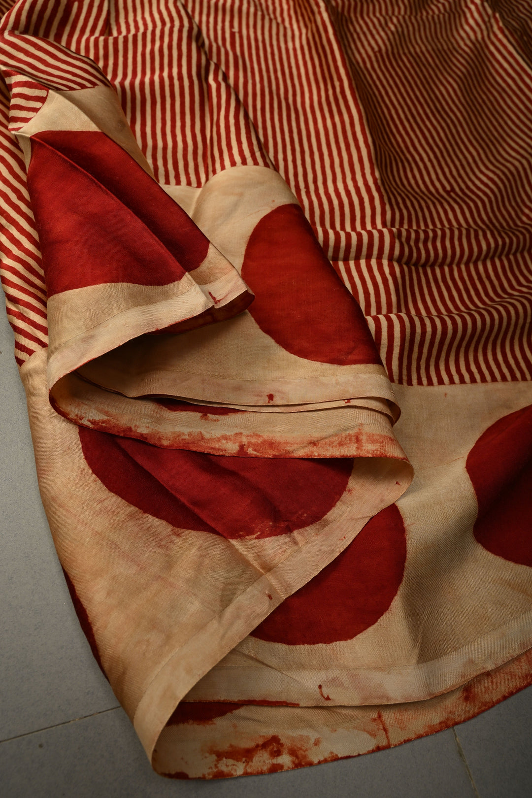 Red-Beige Modal Silk Saree with Stripes Hand Block Print and Polka Dots Border