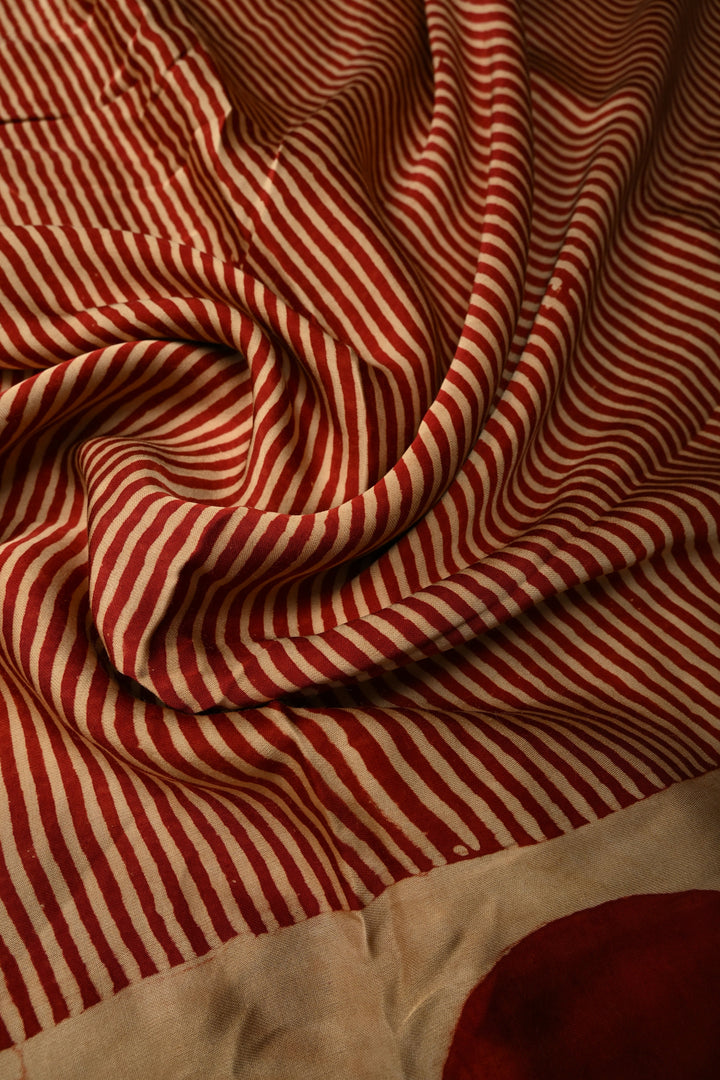 Red-Beige Modal Silk Saree with Stripes Hand Block Print and Polka Dots Border