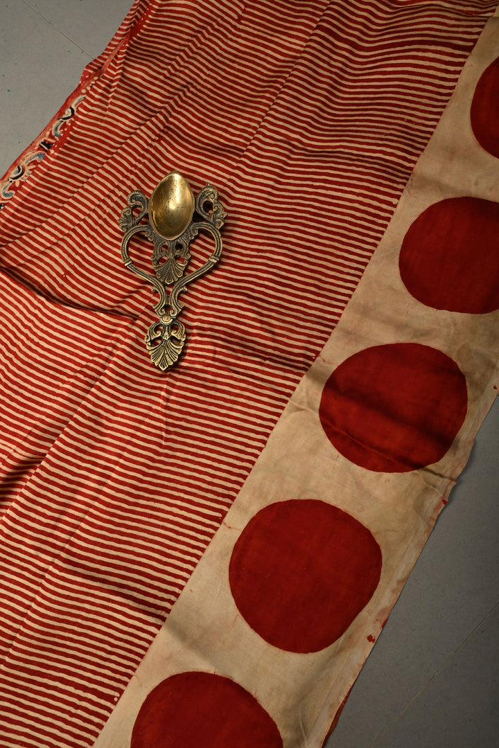 Red-Beige Modal Silk Saree with Stripes Hand Block Print and Polka Dots Border