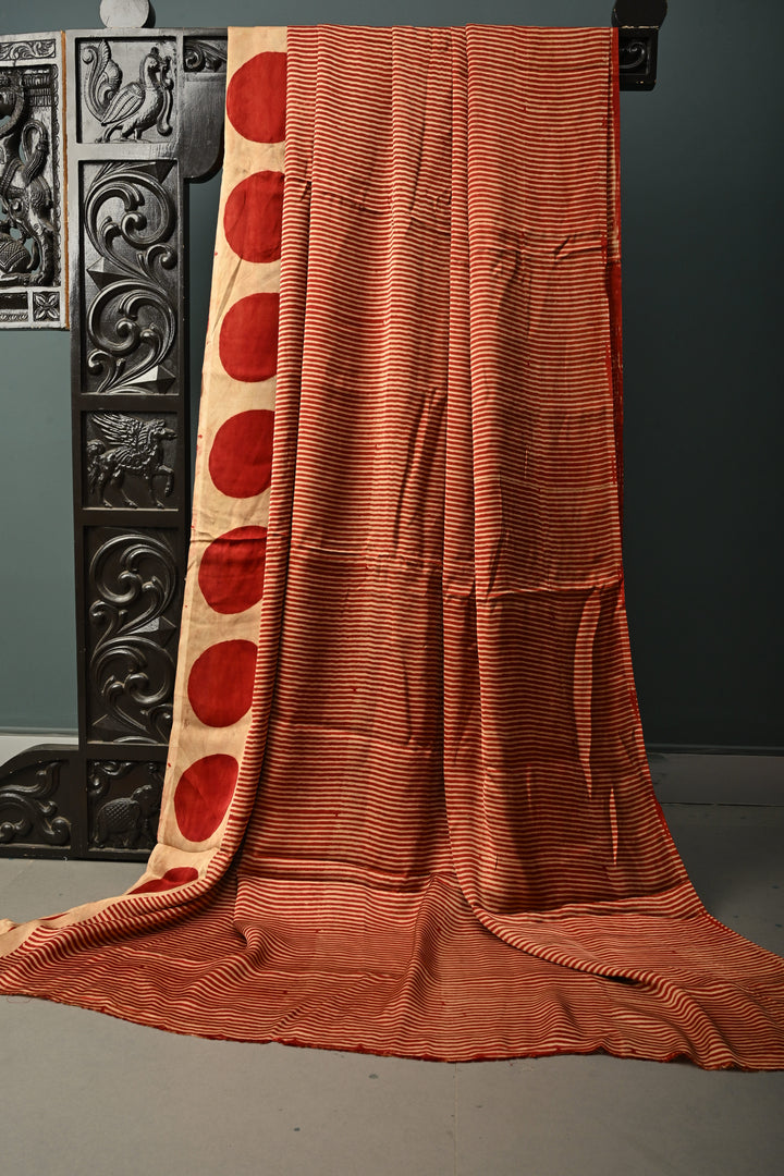 Red-Beige Modal Silk Saree with Stripes Hand Block Print and Polka Dots Border