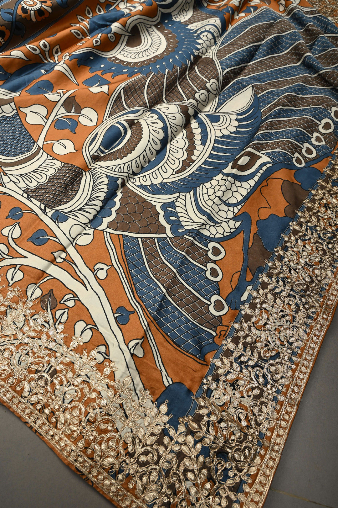 Orange  Gajji  Silk Kalamkari Floral Digital print, Gotta Patti Border