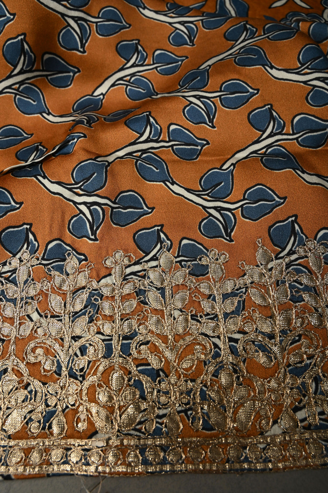 Orange  Gajji  Silk Kalamkari Floral Digital print, Gotta Patti Border