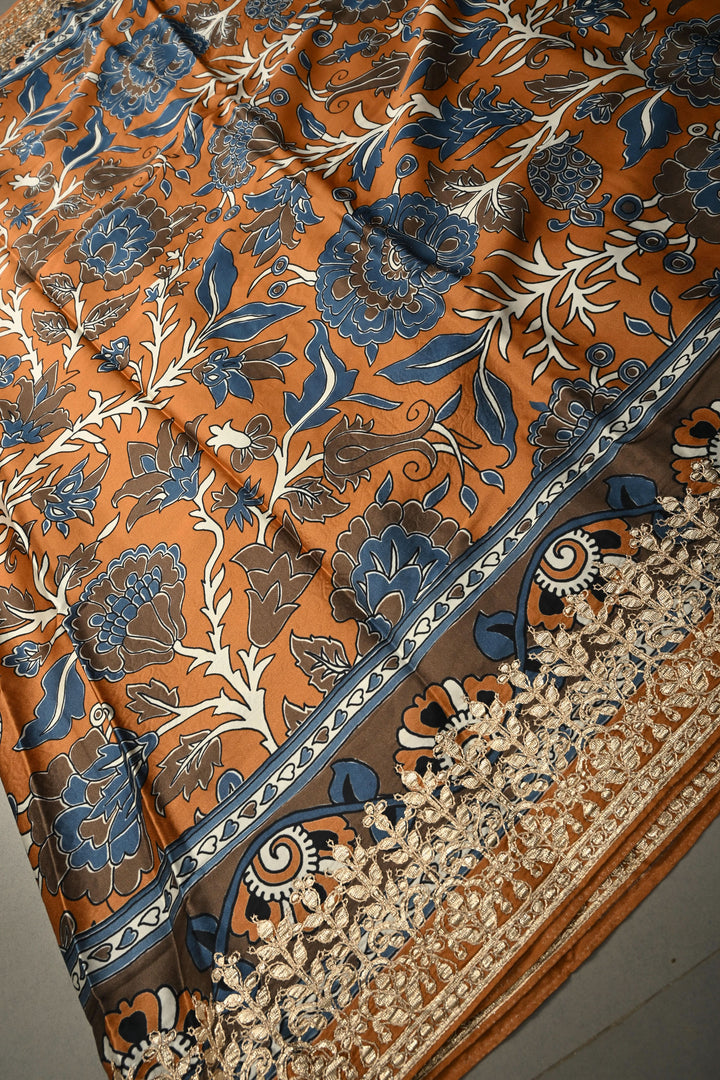 Orange  Gajji  Silk Kalamkari Floral Digital print, Gotta Patti Border