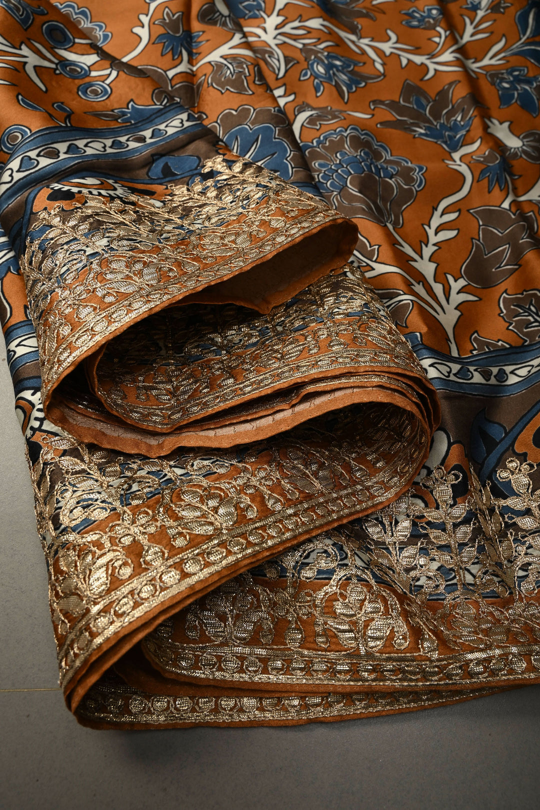 Orange  Gajji  Silk Kalamkari Floral Digital print, Gotta Patti Border