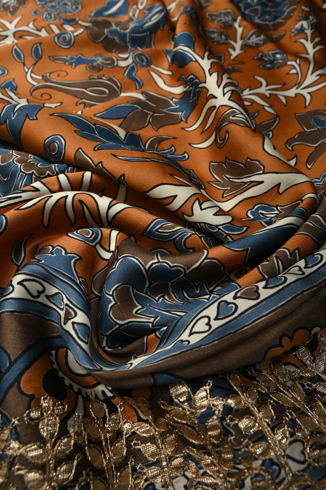 Orange  Gajji  Silk Kalamkari Floral Digital print, Gotta Patti Border