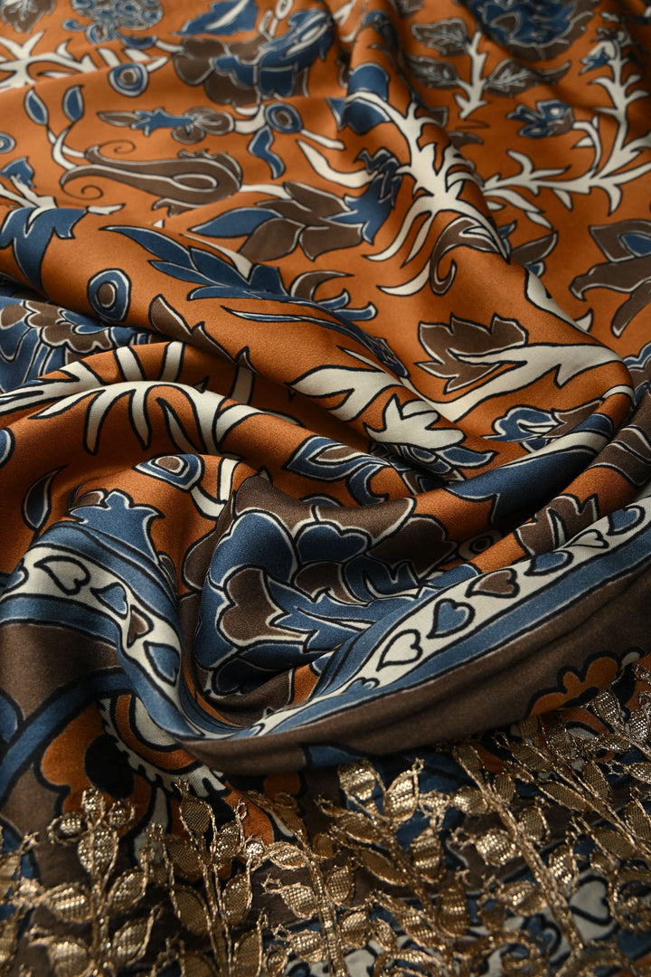 Orange  Gajji  Silk Kalamkari Floral Digital print, Gotta Patti Border