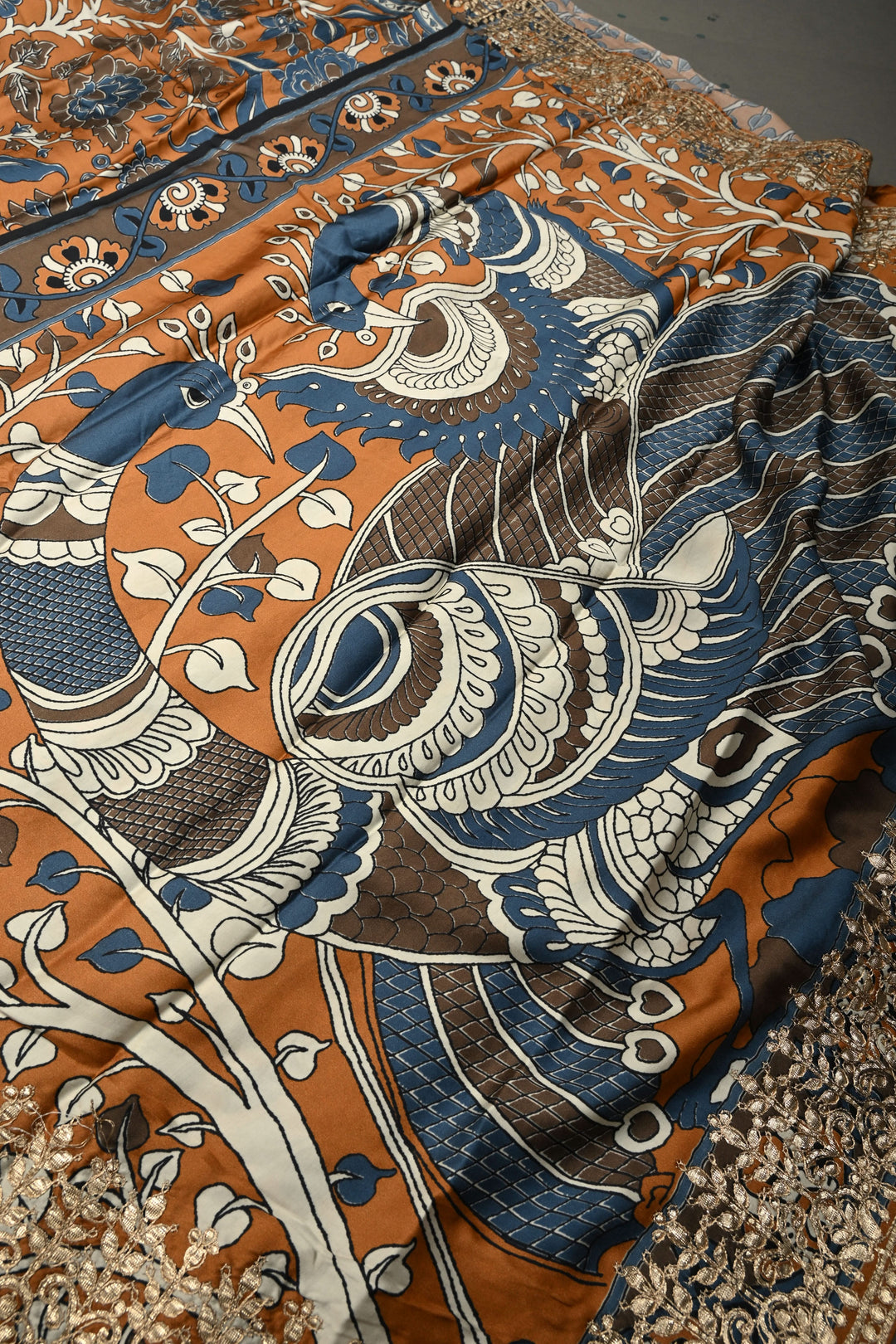 Orange  Gajji  Silk Kalamkari Floral Digital print, Gotta Patti Border