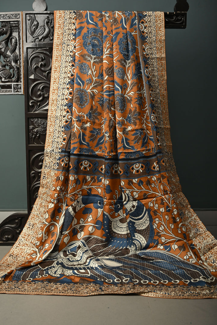 Orange  Gajji  Silk Kalamkari Floral Digital print, Gotta Patti Border