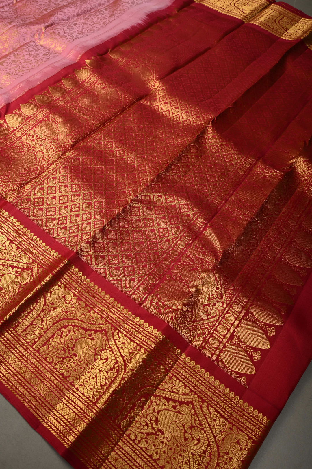 Dusty Pink Gadwal Silk Saree with Vanasingaram Floral Zari Brocade Jaal and Contrast Zari Border | SILK MARK CERTIFIED