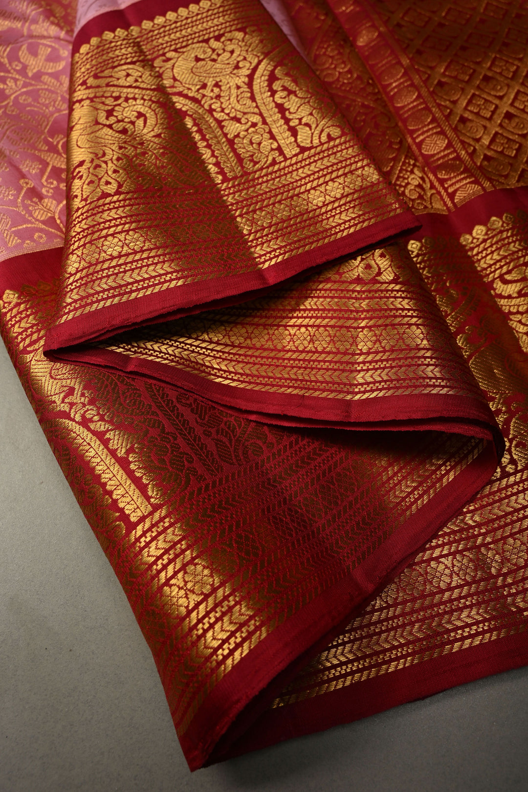Dusty Pink Gadwal Silk Saree with Vanasingaram Floral Zari Brocade Jaal and Contrast Zari Border | SILK MARK CERTIFIED