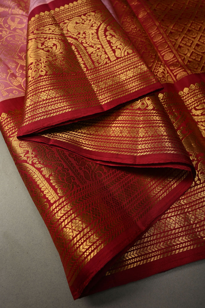 Dusty Pink Gadwal Silk Saree with Vanasingaram Floral Zari Brocade Jaal and Contrast Zari Border | SILK MARK CERTIFIED