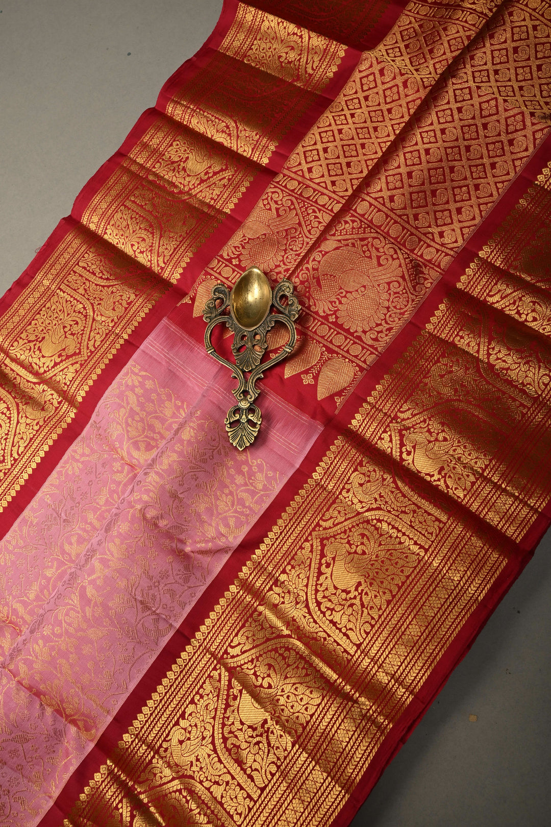 Dusty Pink Gadwal Silk Saree with Vanasingaram Floral Zari Brocade Jaal and Contrast Zari Border | SILK MARK CERTIFIED
