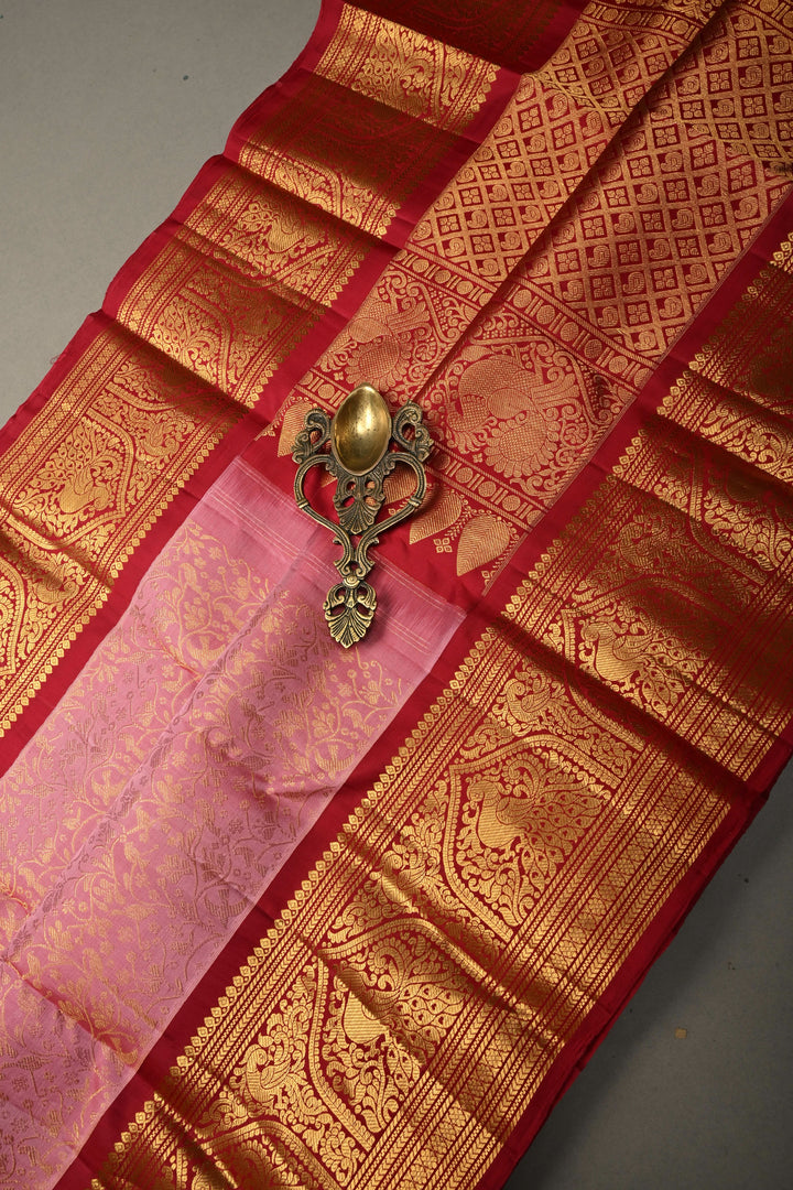 Dusty Pink Gadwal Silk Saree with Vanasingaram Floral Zari Brocade Jaal and Contrast Zari Border | SILK MARK CERTIFIED
